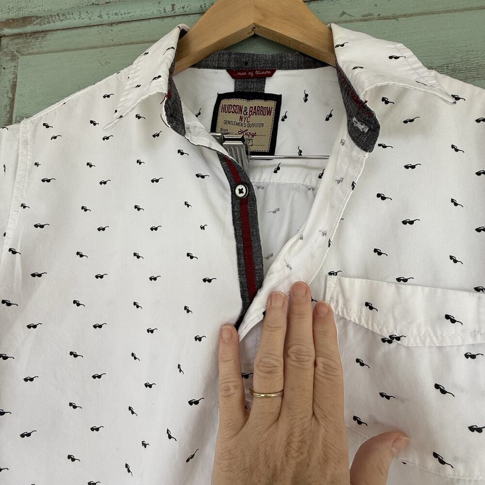 Hudson & Barrow Men's Casual Short Sleeve Shirt Cream w Navy Sunglasses Size L - Picture 7 of 8